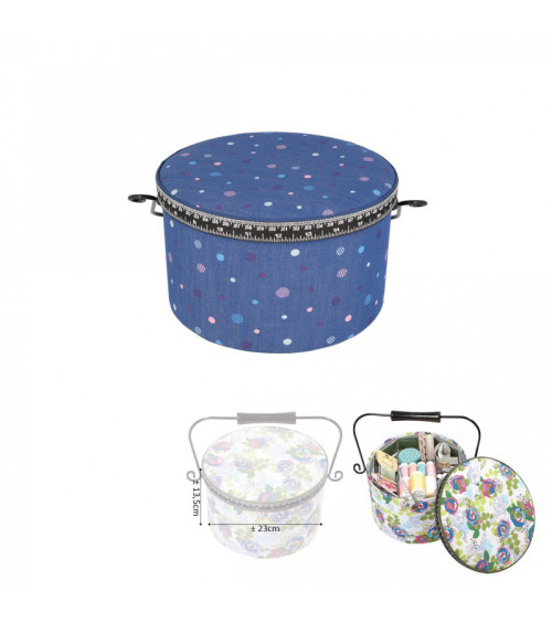 Round sewing box 22x13.5cm multi-colored polka dots denim background