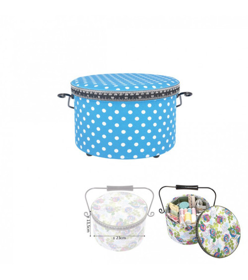 Round sewing box 22x13.5cm blue polka dots