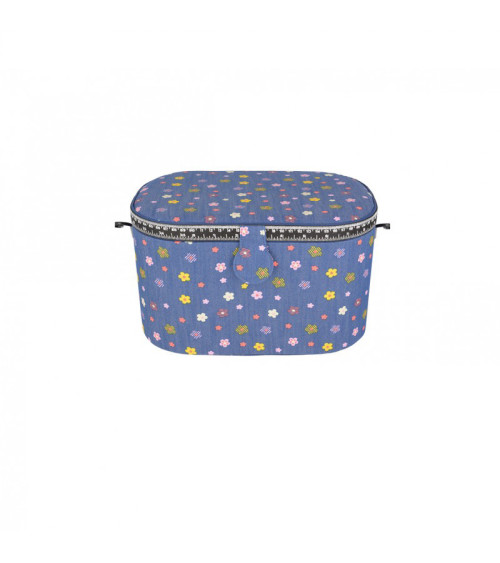 Oval sewing box 21x31x18cm multi-colored flowers denim background