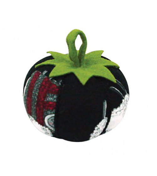 Tomatoes with sheep pins and black and red knitting