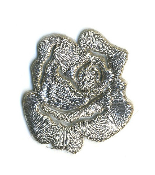 Small silver rose iron-on badge - lurex