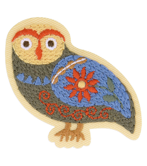 Nordic garden owl iron-on badge 6cm x 4.5cm