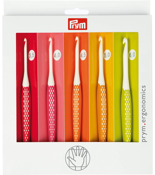 Set of 5 ergonomic Prym wool crochet hooks, size 3.5 to 6 mm