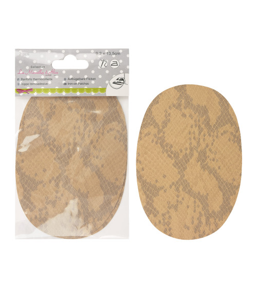 Juego de 2 coderas con apariencia de piel de serpiente beige antílope para planchar o coser 13,5 cm x 9 cm Fabricadas en Francia