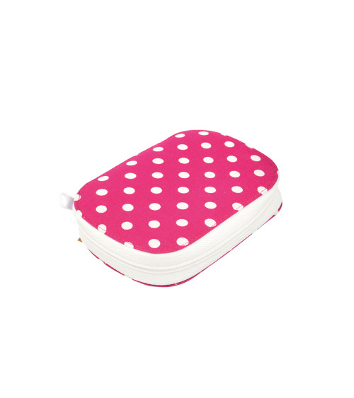 Custodia da cucito 14x9 cm Pois bianchi su sfondo fucsia