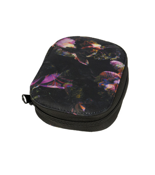 Sewing bag 14cmx9cm printed satin flowers black background