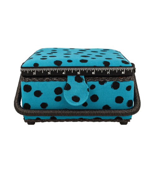 Sewing box 20x20x11cm black polka dots turquoise background