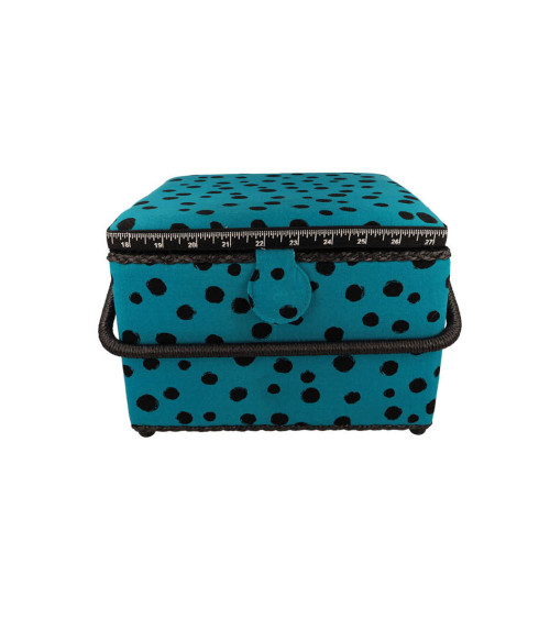 Sewing box 26x26x19cm black polka dots turquoise background