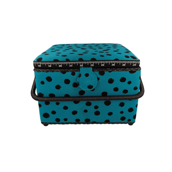 Boîte à couture 26x26x19cm pois noirs fonds turquoise