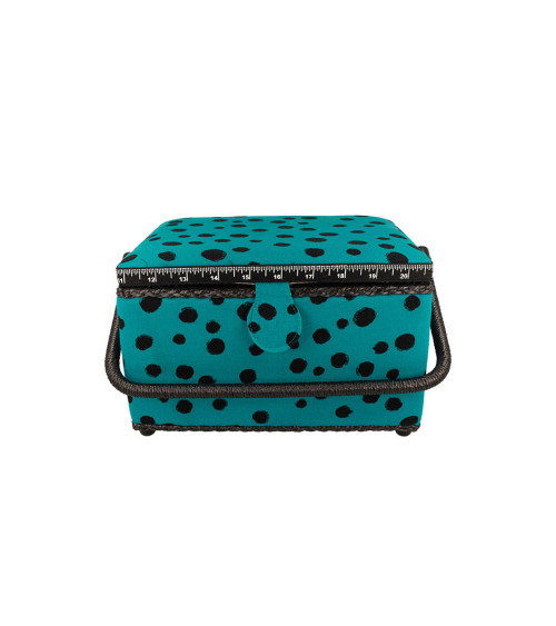 Sewing box 18.5x26x16cm turquoise polka dots black background