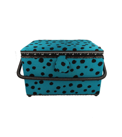 Sewing box 21x28.5x19.5cm black polka dots turquoise background