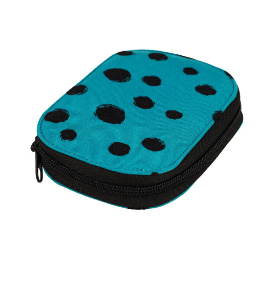 Sewing bag 14x9cm black polka dots turquoise background