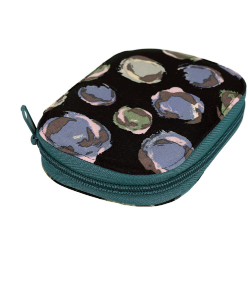 Sewing bag 14x9cm blue green bubbles black background