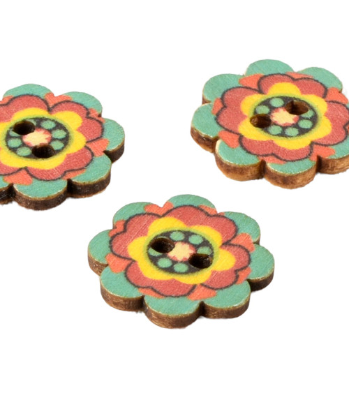 Set of 6 multi-colored decorated flower wooden buttons 20mm