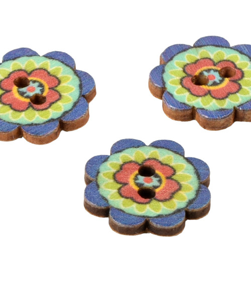 Set di 6 bottoni in legno decorati fiori multicolori 20 mm