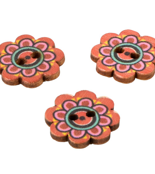 Set di 6 bottoni in legno decorati fiori multicolori 20 mm