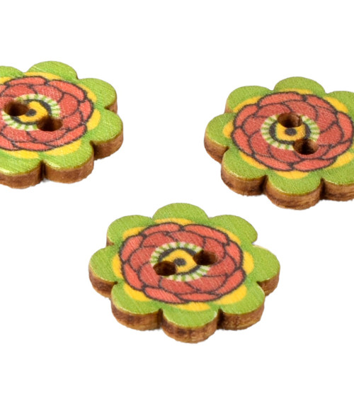 Set di 6 bottoni in legno decorati fiori multicolori 20mm