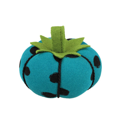 Pin-holder tomato 8cm black polka dots turquoise background