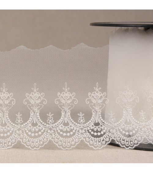 White scalloped embroidered tulle 80mm per meter made in Europe