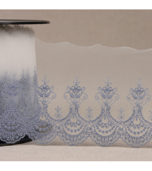 Lavender blue scalloped embroidered tulle 80mm per meter made in Europe