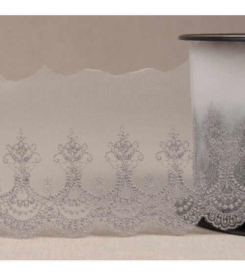 Medium grey scalloped embroidered tulle 80mm per meter made in Europe