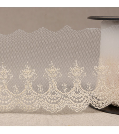 Ecru scalloped embroidered tulle 80mm per meter made in Europe