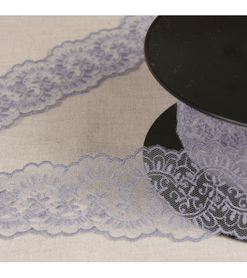 Embroidered tulle between two lavender blue 60mm per meter made in Europe