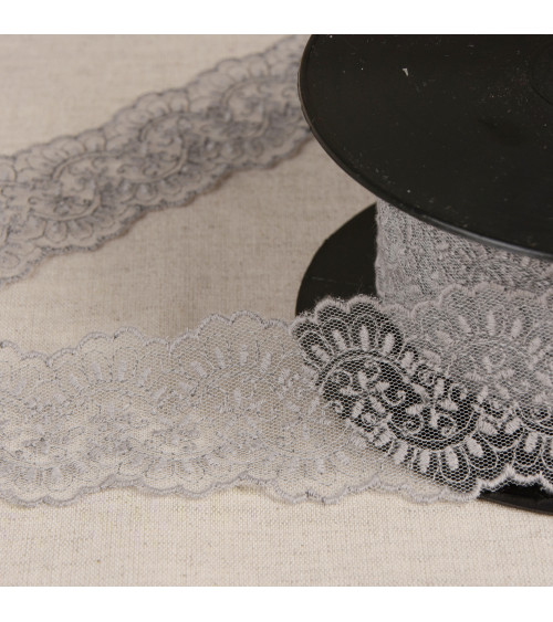 Embroidered tulle between two medium gray 60mm per meter made in Europe