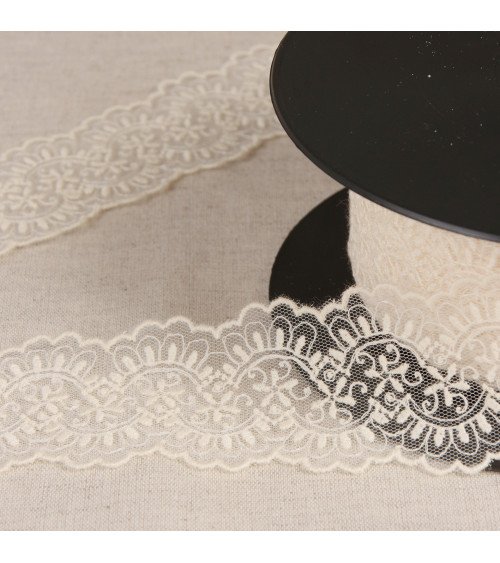 Tulle embroidered between two ecru 60mm per meter made in Europe