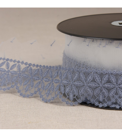 Tulle embroidered with lavender blue rosette flowers 55mm per meter made in Europe