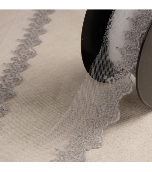 Spool 14.6m medium gray embroidered tulle flowers 45mm made in Europe