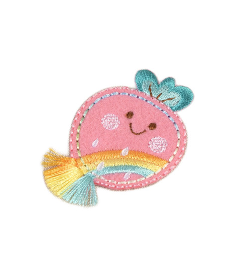 Iron-on patch with pink strawberry fringes 5cm x 3.5cm