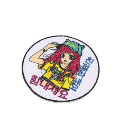 Fuchia hair manga iron-on badge 5.5cm x 5.5cm