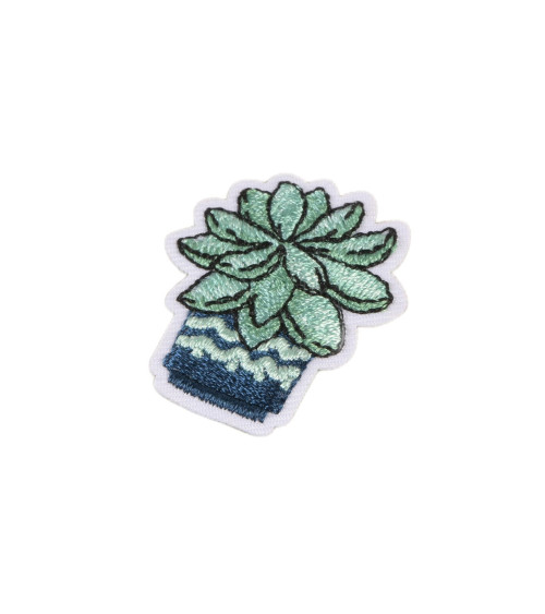 Blue potted cactus iron-on badge 3.5cm x 3cm