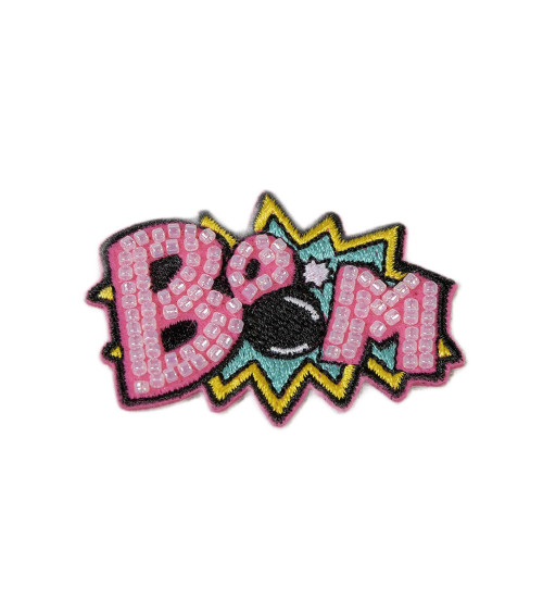 Boom pearl words iron-on badge 4cm x 5.5cm