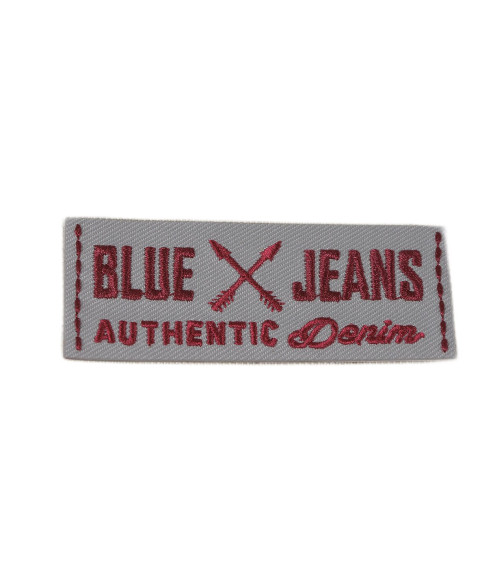 Blue jeans beige red iron-on patch 2.5cm x 6cm