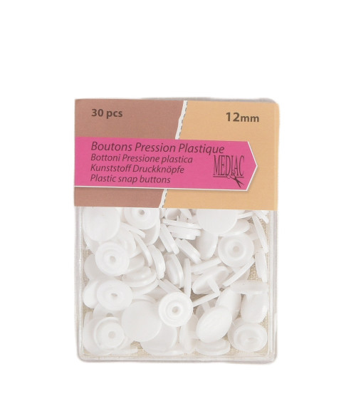 Pack of 30 100% plastic snap buttons White 12mm