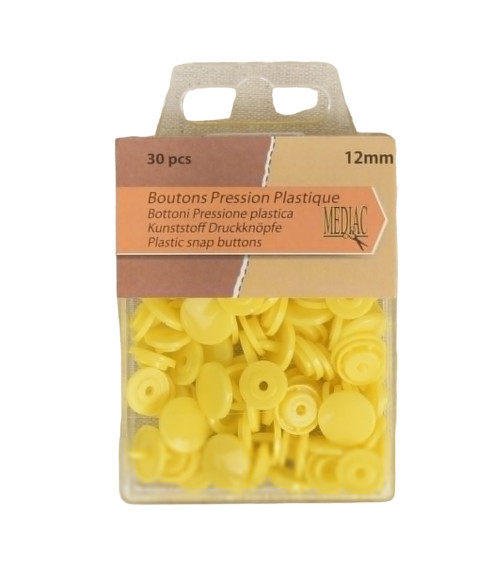 Pack of 30 100% plastic snap buttons Yellow 12mm