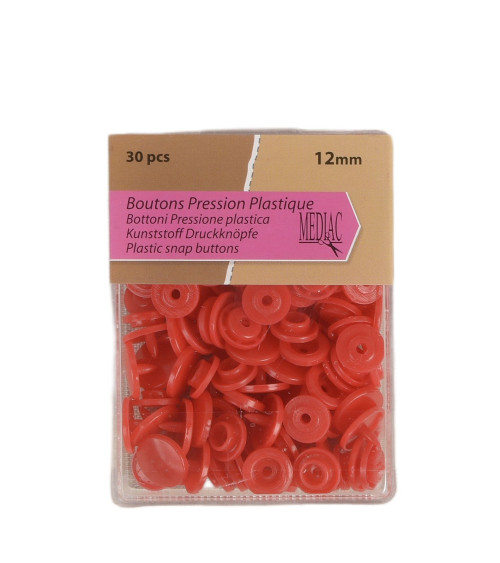 Pack of 30 100% plastic snap buttons Red 12mm