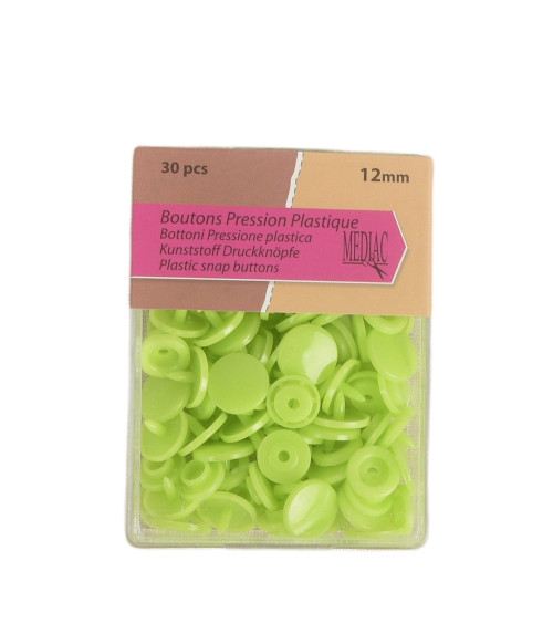 Pack of 30 100% plastic snap buttons, fluorescent green, 12mm