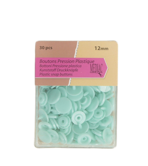 Pack of 30 100% plastic snap fasteners, sea green, 12mm