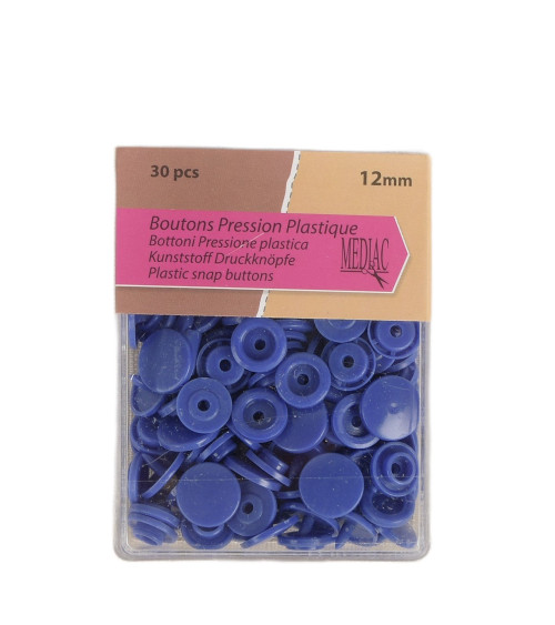 Pack of 30 100% plastic snap buttons, royal blue, 12mm