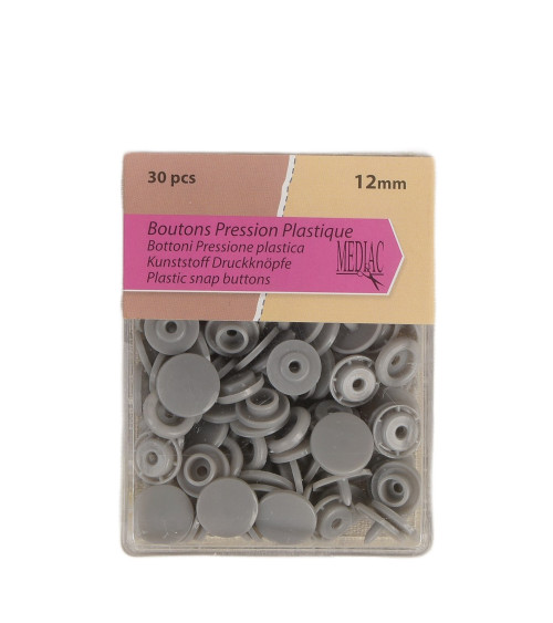 Pack of 30 100% plastic snap fasteners Grey 12mm