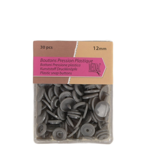 Pack of 30 100% plastic snap buttons Dark grey 12mm