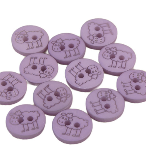 Set di 6 bottoni pecora a 2 fori mm 15 lilla viola