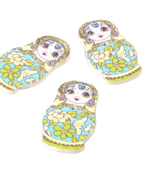 Yellow and blue Russian doll wooden button 30mm