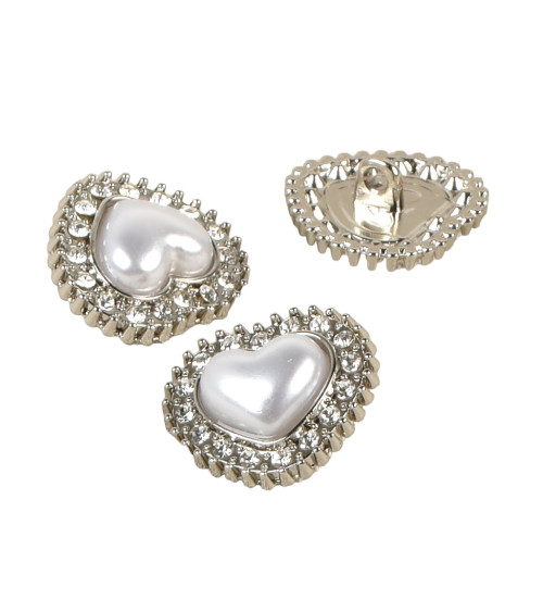 Set di 6 bottoni cuore strass argento 18mm