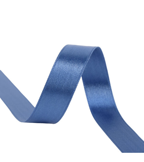 Spool of 40m double-sided satin ribbon made in France, denim blue