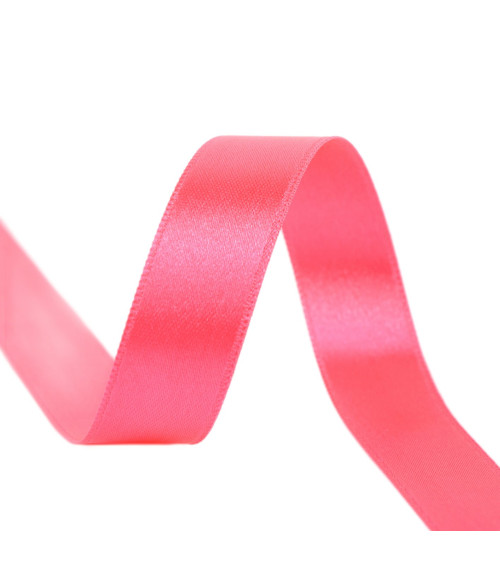 Spool of 40m double-sided satin ribbon made in France, fluorescent pink