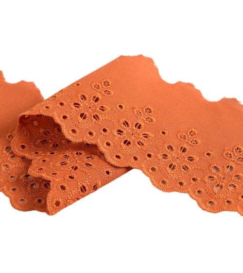 Rust orange scalloped flower embroidery 70mm per meter